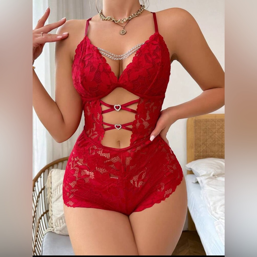 Red Lace Cami Romper with Chain Detail